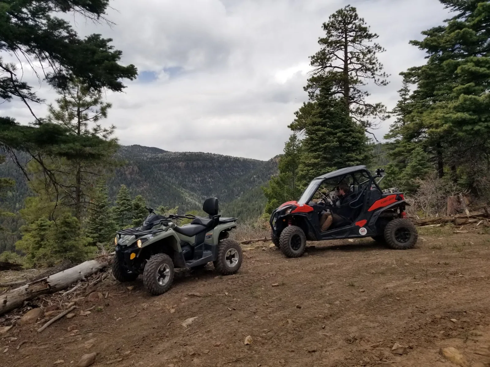 An ATV and a red side-by-side parked on a dirt overlook above a forested canyon